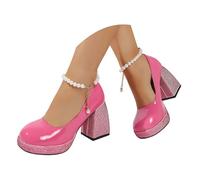 Elegant Pearl Chain Heels with Block Heel Platform Sole for Women Crystal Decorated Sandals for Everyday Festive Occasions This Season, pink, 8.5 UK
