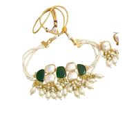 Elegant Pearl Choker Necklace with Green Stones and Pearl Drops, Traditional Indian Style, Gold-Plated, wedding jewelry set