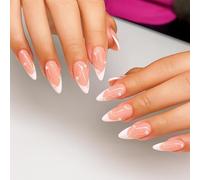 Elegant Pearl French Almond False Nails with Pink Base and White Tips - Short Press On Nails for Women, Wedding Party and Everyday Wear, Reusable Glossy Manicure Set with Glitter Design