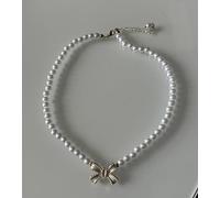 Elegant Pearl Necklace with Gold-Tone Bow Pendant, White Faux Pearl Beaded Strand