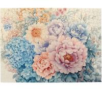 Elegant Peony&Hydrangea Bouquet Wooden Jigsaw Puzzles for Adults Blush Blue Floral Watercolor Print Home Decor Activity for Tea Party Gatherings Easter Gift to Family Members_300pcs