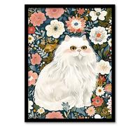 Artery8 Elegant Persian Cat Lover Flower Garden Portrait Living Room Artwork Framed Wall Art Print A4