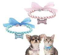 Elegant Pet Pearl Necklace with Crystal Bone Charm, Pink and Blue, 11.8 Inches with 2-Inch Extension, for Cats and Small Dogs