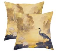 Elegant Pillow Covers Set of 2, Golden Crane and Water Lily Floral Throw Pillows Case, Asian Inspired Decorative Square Home Decor for Sofa Bed Couch 18x18 Inch