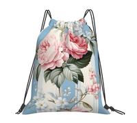 Elegant Pink Flowers Lightweight Drawstring Backpack, Vintage Rose Flowers Waterproof Daypack Bag for Gym Travel Party, and Everyday Use