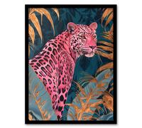 Artery8 Elegant Pink Leopard in Blue Gold Tropical Jungle Living Room Art Print Framed Poster Wall Decor 12x16 inch