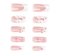 Elegant Pink Press On Nails 3D Flower Bowknot Decoration Square Long False Nails Suitable For Women And Girls Nail Enhancement