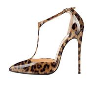 Elegant Pointed Toe T Strap High Heel Pumps for Women's, Fashion Closed Toe Ankle Strap Sexy Stiletto Heel Comfortable Wedding Prom Party Dress Heeled Shoes,Leopard Print,9 UK
