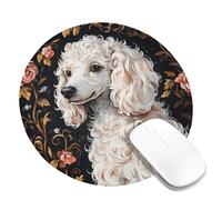 Elegant Poodle Floral Mouse Pad, White Curly Dog Design, Vintage Style Desk Accessory for Home and Office, Non-Slip Rubber Gaming Mousepad Round 8x8 Inch