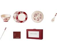 Elegant Porcelain Dinnerware Set - 32-piece Stoneware & Ceramic Tableware with Plates, Bowls, Soup Pot, Chinese Spoons & Chopsticks for Stylish Dining Red 16 PCS