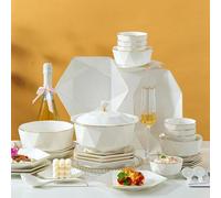 Elegant Porcelain Dinnerware Set | Stoneware & Ceramic Plates, Bowls, Soup Pot, Spoons & Chopsticks | Complete Tableware for Stylish Dining White 68PCS * 12-Person Set