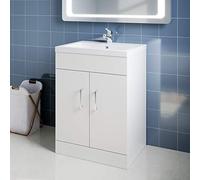 ELEGANT Premium Vanity Sink Unit with Vitreous Basin, Floor Standing Vantiy Cabinet with Sink, White Matte Painted Bathroom Vanity Storage with 2 Shelves, 595mm