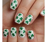 Elegant Press on Sticker Nails White Base Short Square Blingbling Stars and Shamrock Accents White Trifolium Star Press on