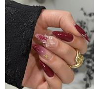 Elegant Press Stick Nails Almond Shape with Intricate Flower Carving Wine Red Color Lightweighted ABS False Nails Set French False Nails