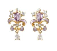 Elegant Purple Crystal Bow Earrings, 1.2x1.9cm Gold Plated Studs with Enamel & Zircon, Versatile Jewelry for Weddings, Office & Special Occasions