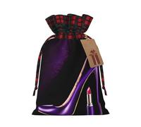Elegant Purple High Heels with Lipstick -Print Multi-Colored Burlap Drawstring Bags, Eco-Friendly Plaid Pouches For Wedding Party Favors & Custom Packaging. S