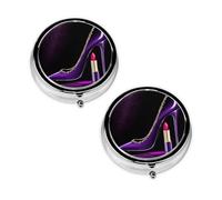 Elegant Purple High Heels with Lipstick Round Pill Box Compact 3 Compartment Metal Pill Organizer with Print Design, Portable Travel Medication Case for Daily