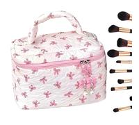 Elegant Quilted Toiletry Bag - Cute Bow Decorative Quilted Cosmetic Case, Resilient Polyester Makeup Holder | Sustainable Makeup Storage Organizer, Generous Space Floral Quilted Travel Pouch