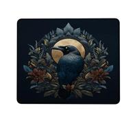 Elegant Raven Floral Mouse Pad, Dark Blue Bird Design with Gold Circle, Non-Slip Washable Gaming Mousepad for Home and Office Square 8x10 Inch