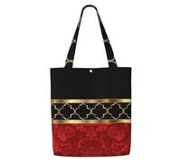 Elegant Red Black & Gold Quatrefoil Pattern,Reusable Grocery Bags Shopping Tote Bags Large Capacity Canvas Shoulder bag