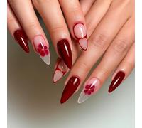 Elegant Red Floral Press on Nails Almond Shape French Tip - Short Fake False Nails Handmade Kit Stick On for Women Salon Extensions Autumn Christmas Design Acrylic Tip Square Coffin Oval Pack
