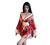 Elegant Red Kimono Robe Set with Bow Belt and G-string for Women‘s Cosplay and Sensual Lingerie