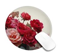Elegant Red Rose Floral Desk Mouse Pad, Burgundy Peach Watercolor Flowers Stitched Edge Mousemat, Rubber Non-Slip Washable Gaming Mouse Pad for Home and Office Computer, Laptop Round 8x8 Inch