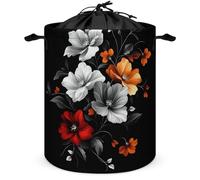 Elegant Red White Orange Flower Laundry Basket Laundry Hamper Round Collapsible Drawstring Clothes Hamper for Bedroom Bathroom