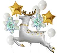 Elegant Reindeer Christmas Party Balloons Kit - Large Silver Gold Mylar Deer, Iridescent Snowflake Star Foil Balloon Decorations for Winter Wonderland Holiday Birthday Decor, Easy to Inflate.