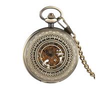 Elegant Retro Bronze/Silver Hollow Roman Numerals Men's Pocket Watch Hand Winding Mechanical Fob Watches Antique Timepiece Gifts (Color : Bronze)