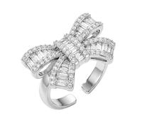 Elegant Rhinestone Bow Ring for Women, Silver-Tone Rings for Prom Party, Versatile Adjustable Bling Jewelry Matching Daily Aesthetic Outfits Perfectly