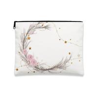Elegant Romantic Makeup Bag, Floral Roses and Stars Cosmetic Travel Pouch for Women, Portable Small Canvas Zipper Organizer, Perfect for Festivals and Daily Use, White, 7x9 Inch, Pouch