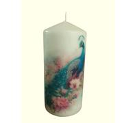 Elegant Romantic Unscented Decorative Pillar Candle Blue Peacock and Pink Flowers Handcrafted Art Gift Special Occasions Design Tranquil Home Decor Accent Spa Meditation Wedding
