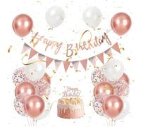 Elegant Rose Gold Birthday Party Decorations Set With Metallic Confetti Balloons And Foil Bunting - Happy Birthday Banner And Cake Topper For Adult 30th 40th 60th 70th Celebrations Indoor Outdoor