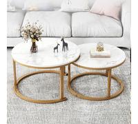 Elegant Round Nesting Coffee Table Set - 2 White Marble Effect Tables With Gold Legs For Living Room