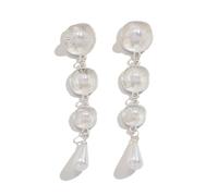 Elegant Round Pearl Tassel Earrings for Women, Silver - Plated Long Dangle Earrings with 3 Circular Pearls & Teardrop Pendant, Fashion Jewelry for Party/Wedding