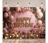 Elegant royal rose-themed birthday happy background - gorgeous pink and gold floral design with balloons 300x200CM