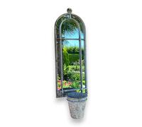 Elegant Rustic Arched Garden Wall Mirror with Flower Pot Holder - Patina Finish, Glass & Metal Frame, 60cm Height - Perfect Planter for Balcony, Porch & Outdoor Aesthetics (1, Round Shape Design)