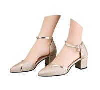 Elegant Sandals With Open Toe Glittery Front Thick Heel And Buckle Strap For Stylish Summer Wear