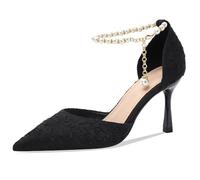 Elegant Satin Heels with Pearl Ankle Strap & Ruched Detailing 5cm/7cm Stiletto Pointed Toe Slip-Resistant Sole Sizes 34-43,Black(Heel:5cm),2 UK