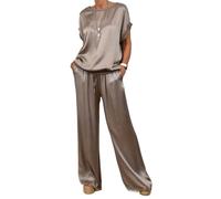 Elegant Satin Two Piece Co-Ord V Neck Top & Comfortable Wide Leg Trousers Set for Women
