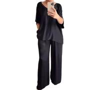 Elegant Satin Women Two Piece Co-Ord V Neck Top & Comfortable Wide Leg Trousers Set