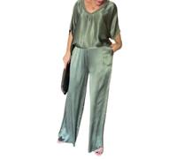 Elegant Satin Women Two Piece Co-Ord V Neck Top & Comfortable Wide Leg Trousers Set