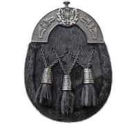 Elegant Scottish Full-Dress Kilt Sporran for Men - Black Fur with Antique Pewter Thistle Cantle and Leather Chain Belt - Handcrafted Traditional Highland Accessory (Thistle Emblem 3 Tassles)