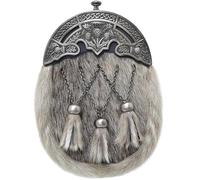 Elegant Scottish Full-Dress Kilt Sporran for Men - Black Fur with Antique Pewter Thistle Cantle and Leather Chain Belt - Handcrafted Traditional Highland Accessory (Thistle Cross Tassles - Brown)