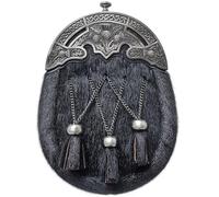 Elegant Scottish Full-Dress Kilt Sporran for Men - Black Fur with Antique Pewter Thistle Cantle and Leather Chain Belt - Handcrafted Traditional Highland Accessory (Thistle Cross Tassles)