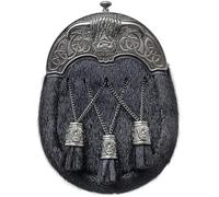 Elegant Scottish Full-Dress Sporran for Men - Heilan Coo Black Fur with Antique Pewter Cow Cantle and Leather Chain Belt - Handcrafted Traditional Highland Kilt Accessory (Cross Tassles)