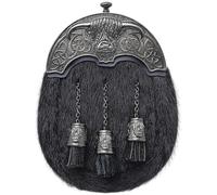 Elegant Scottish Full-Dress Sporran for Men - Heilan Coo Black Fur with Antique Pewter Cow Cantle and Leather Chain Belt - Handcrafted Traditional Highland Kilt Accessory (Straight Tassels)
