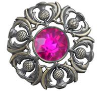 Elegant Scottish Kilt Fly Plaid Brooch - Premium Thistle Design with Sparkling stone, Handcrafted Tartan Sash Pin, Luxurious Highland Dress Accessory for Women's (Brass Antique, Fuchsia)