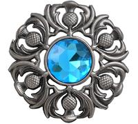 Elegant Scottish Kilt Fly Plaid Brooch - Premium Thistle Design with Sparkling stone, Handcrafted Tartan Sash Pin, Luxurious Highland Dress Accessory for Women's (Silver Antique, Sky Blue)